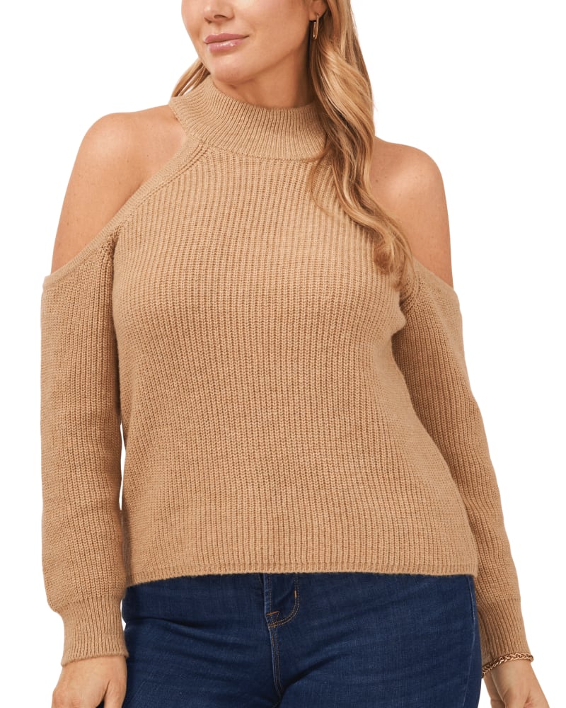 Front of a model wearing a size 0X Anna Cold Shoulder Sweater in LATTE HEATHER by 1.State. | dia_product_style_image_id:262605
